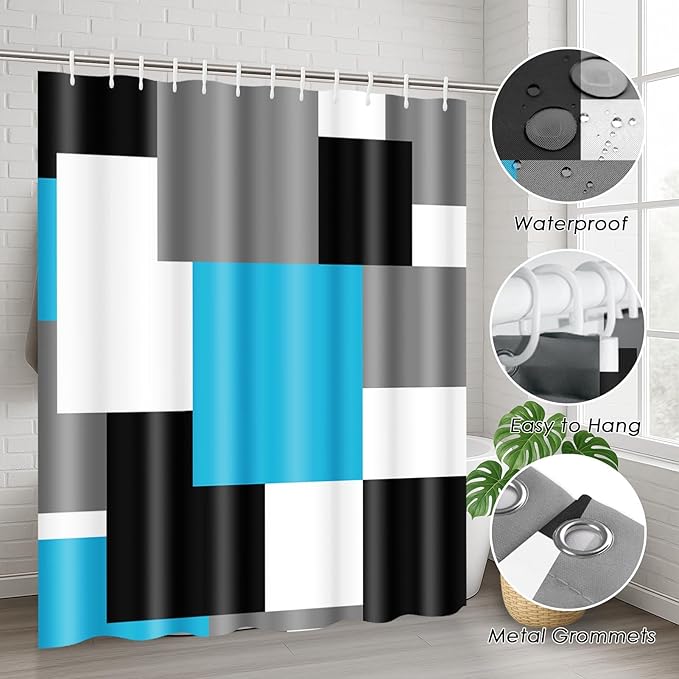 Blue Geometric Shower Curtain Set with Toilet Lid Cover and Non-Slip Rugs for Bathroom, Black White Grey Checkered 4 Pcs Shower Curtain, Modern Abstract Bathroom Set with 12 Hooks