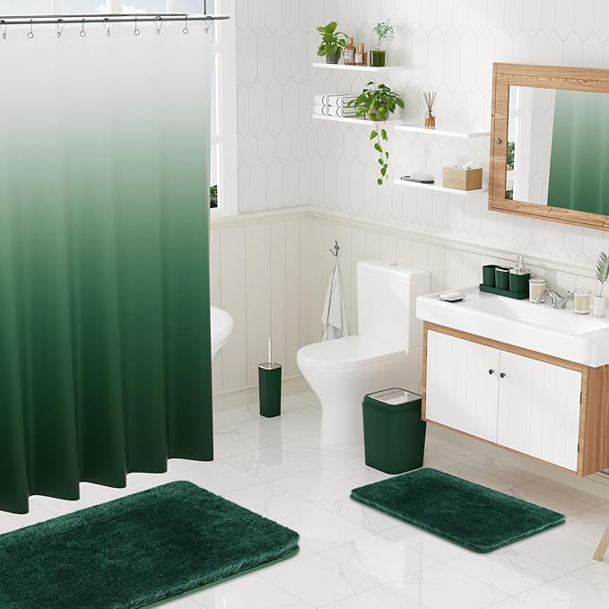 XLHOMO Dark Green Bathroom Accessories Set with Shower Curtain and No-Slip Bath Rugs,24PC Bath Sets with Trash Can, Toothbrush Holder, Cup, Soap Dispenser, Tray, Soap Dish, Toilet Brush, Qtip Holders