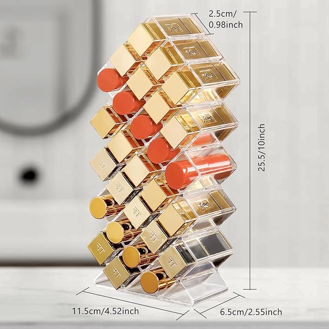 Lipstick Organizer, 28 Slots Acrylic Lip Holder, Stackable Lip Gloss Organizer, Fish Lipstick Tower Holder Storage for Cosmetic Bathroom Vanity Countertop Display (28 Slots)