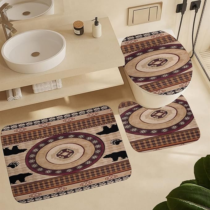 Vintage Deer Bear Farmhouse Shower Curtain Sets with Rugs 4 Piece Accessories Bathroom Curtains Shower Set Include Shower Curtain Non-Slip Rug Toilet Lid Cover Bath Mat One Size