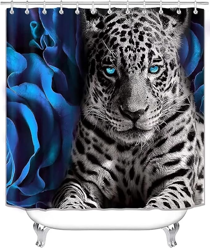 NBVKO 4PCS Blue Rose and Leopard Shower Curtain Set with Non-Slip Rugs,Toilet Lid Cover and Bath Mat,Bathroom Decor Accessory Set