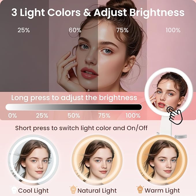 Makeup Mirror with Lights and Magnification, Double-Sided 10X Magnifying Mirror, Portable Lighted Makeup Mirror with 3 Color Lights, Rechargeable Make up Mirror 3 in 1 Tabletop, Handheld, Hanging