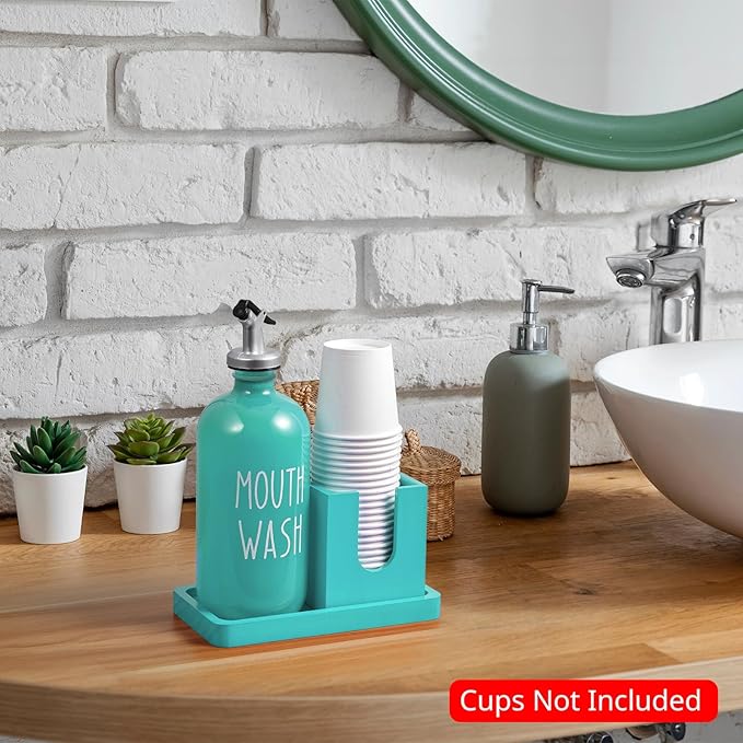 Turquoise Mouthwash Dispenser for Bathroom, 16 OZ Glass Mouthwash Dispenser with Wood Cup Holder and Tray, Mouth Wash Bottle Container, Teal Kitchen Bathroom Decor and Accessories