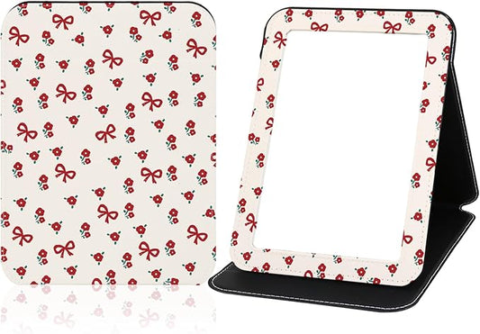 Portable Folding Makeup Mirror,Compact Small Mirror with Cosmetic Desktop Standing for Travel, Camping, Vanity Table, Room Decor, Beauty, Gifts (Red Roses Pattern)