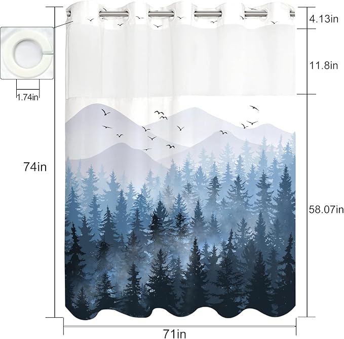 Accnicc No Hook Shower Curtain with Snap in Liner Blue Misty Forest Hookless Shower Curtains for Bathroom Foggy Nature Pine Tree Mountain Woodland Waterproof Fabric Bath Curtain Decor 71×74In