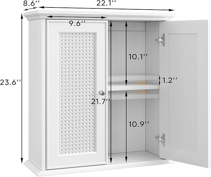 Smuxee White Bathroom Medicine Cabinet, Wall Mounted with Rattan Doors, 22.1" W x 23.6" H x 8.6" D, Adjustable Shelves, Wall Cabinet Over Toilet for Laundry Room Kitchen