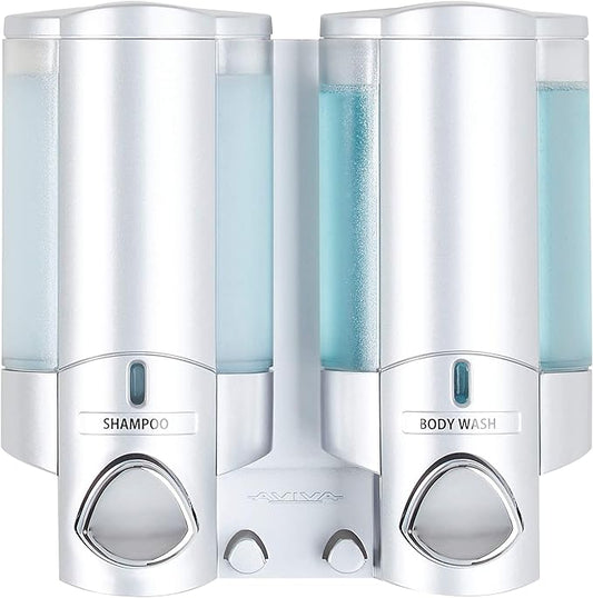 Better Living Aviva Shower Dispenser 2 Chamber, Wall Mount Shower Soap Dispenser for Bathroom Hotel Body Wash, Built-in Hooks, No Drill, Waterproof Shampoo Soap Dispenser, 2 x 11 oz, Satin Silver