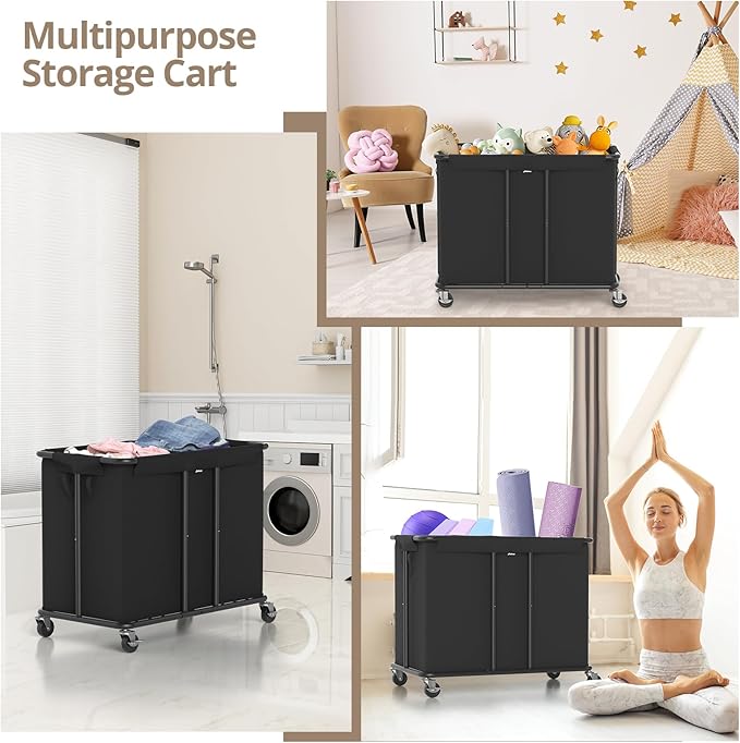 Hodonas Laundry Hamper with Wheels, 2-Section 230L (61Gal) Large Capacity, Heavy-Duty Rolling Clothes Basket with Silent Rubber Casters & Detachable Oxford Bags for Home, Black, 31.5"Lx15.75W"x30.7"H