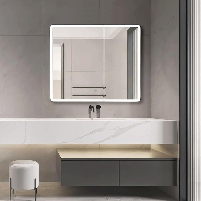 IDYLLOR Lighted Bathroom Medicine Cabinet with Round Corner Framed Mirror Door 30 x 25.6 inch, Recessed or Surface Mount, with Adjustable Glass Shelves