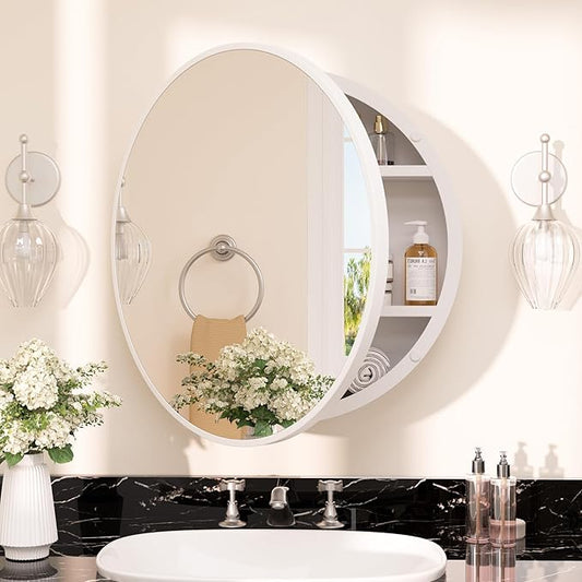 TETOTE 20 x 20 Inch Medicine Cabinet Mirror White Framed Round Mirrored Medicine Cabinets for Bathroom Adjustable Shelves Modern Bathroom Mirror with Storage Wall Mounted