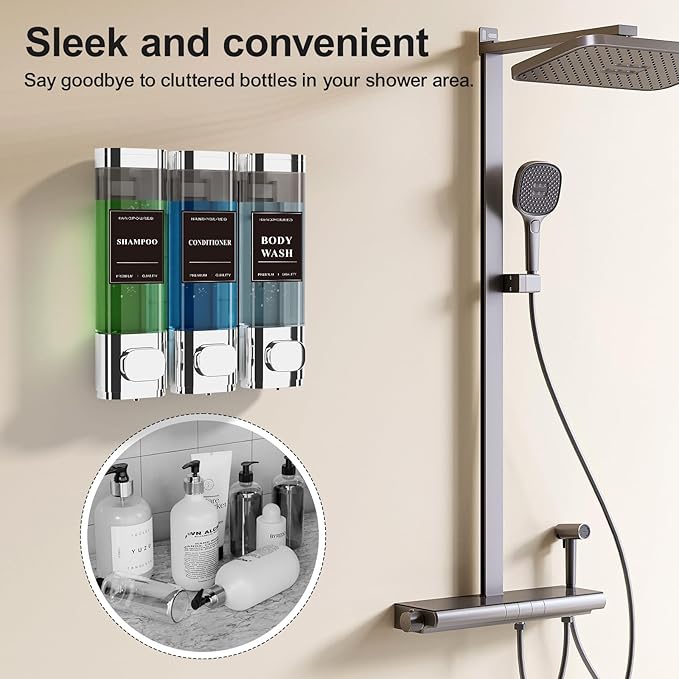 Shampoo and Conditioner Dispenser – Wall-Mounted Shower Soap Dispenser, No-Drill Installation, Lockable, 900 ml Capacity,for Bathroom & Hotel or Airbnb (Electroplated Silver, 3-Pack)