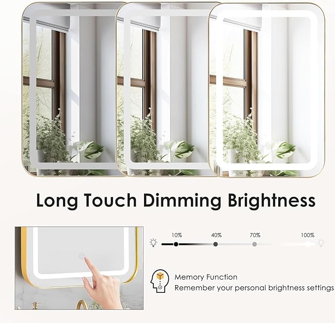 SogesHome Wall Mounted Mirror Medicine Cabinet 24"X16" with LED Lights, Rectangular Vanity Mirror Storage with Shelves, Modern Recessed Mirror Medicine Cabinet for Bathroom, Bedroom, Gold