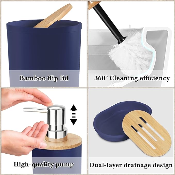Britimes Bathroom Accessories Sets, Blue Shower Curtain Set with Trash Can, Soap Dispenser, Toilet Brush Holder, Toothbrush Holder and Toothbrush Cup for Bathroom Decor 72"*72"