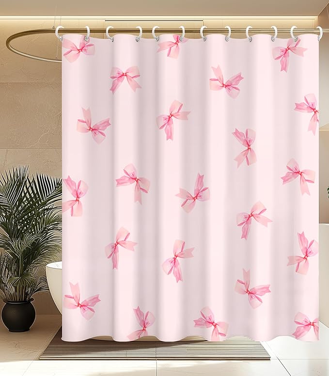 MAMUSE Shower Curtain for Bathroom - Cute Aesthetic Decorative Modern Girly Unique Girls Design Pretty Women Waterproof Fabric Cloth Cortinas de Baño Bathtub 72 x 72 Inch, Pink Bow