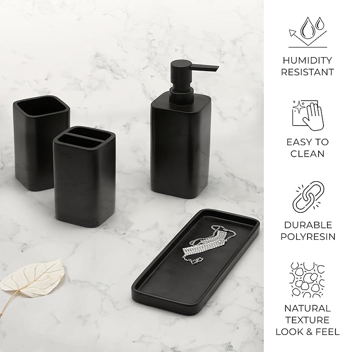 ZCCZ Bathroom Accessory Sets, 4 Pieces Bathroom Accessories Complete Set Vanity Countertop Accessory Set, Includes Lotion Dispenser Soap Pump, Tumbler, Toothbrush Holder and Tray (Matte Black)