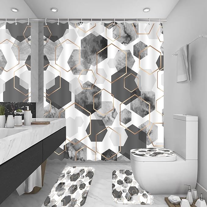 Muuyi 4Pcs Gray White Geometric Shower Curtain Set, Neutral Modern Art Deco Shower Curtain with Hooks, Elegant Trendy Simple Bathroom Sets with Shower Curtain and Rugs, 71 * 71in