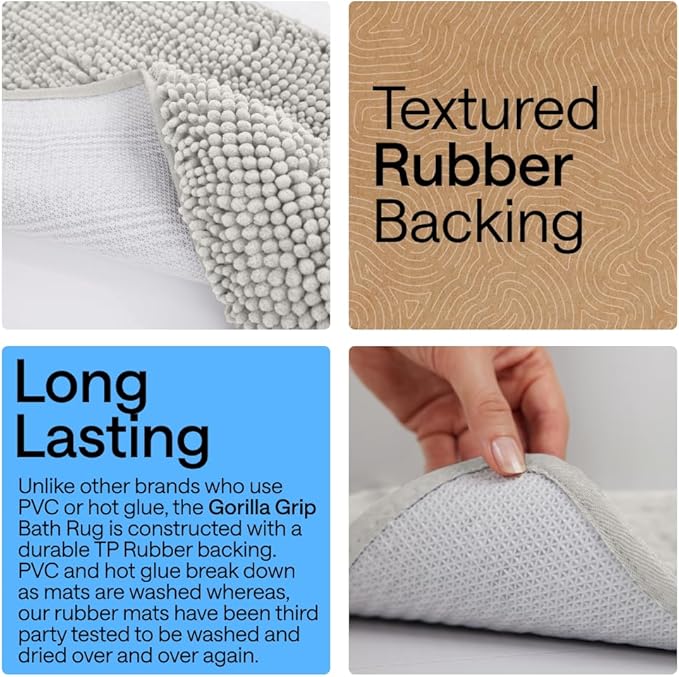 GORILLA GRIP Bath Rug Mat 36x24, Soft Absorbent Chenille, Quick Dry Microfiber Mats, Rubber Backing Washable Shower Floor Rugs, Bathmat Runner, US Designed Bathroom Home Decor Accessories Light Gray