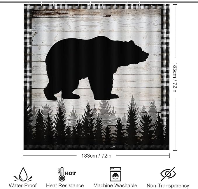 Retro Black Bear 4 Piece Shower Curtain Sets, Non-Slip Rugs, Toilet Lid Cover and Bath Mat, Durable and Waterproof, for Bathroom Decor Set One Size