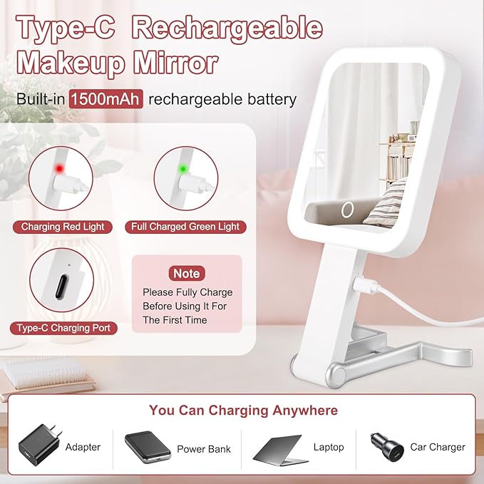 DECLUTTR Travel Makeup Mirror with Lights, Rechargeable 15X/1X Double-Sided Magnifying Mirror with 3 Color Lights, Brightness Adjustable, Portable Handheld Mirror Tabletop, Gift for Women