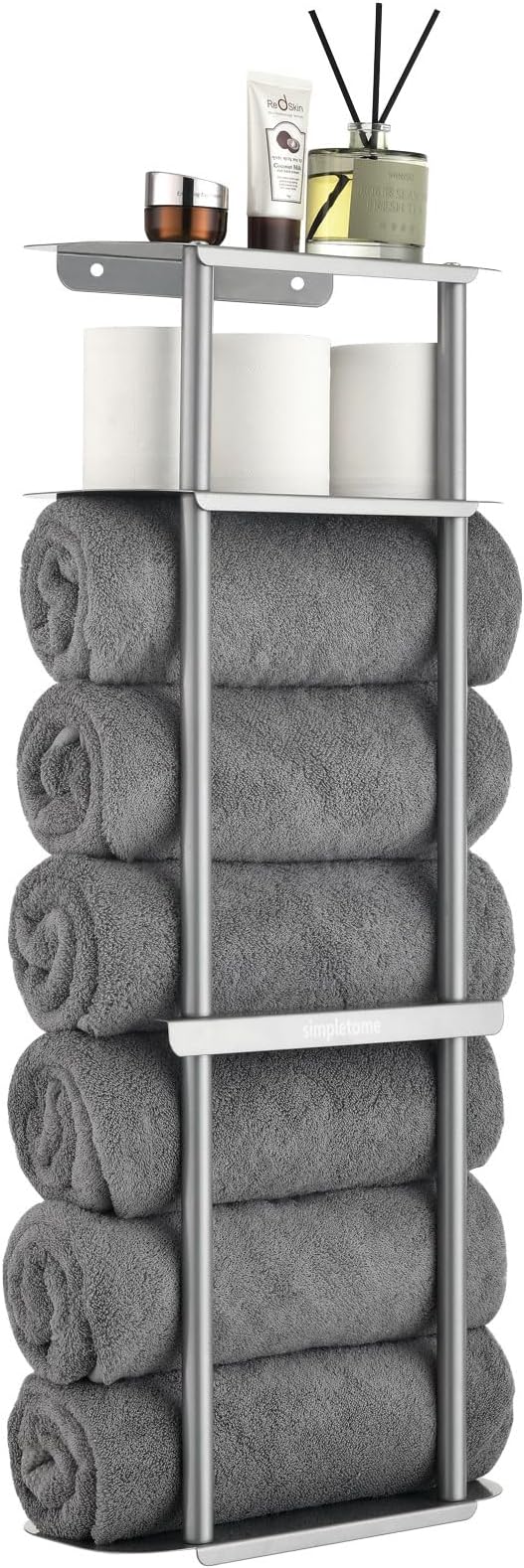 simpletome Towel Racks for Bathroom Storage Shower Organizer 31 inch Wall Mounted with Shelves Can Holds 6 Large Towels Thickened Carbon Steel (Silver Grey)