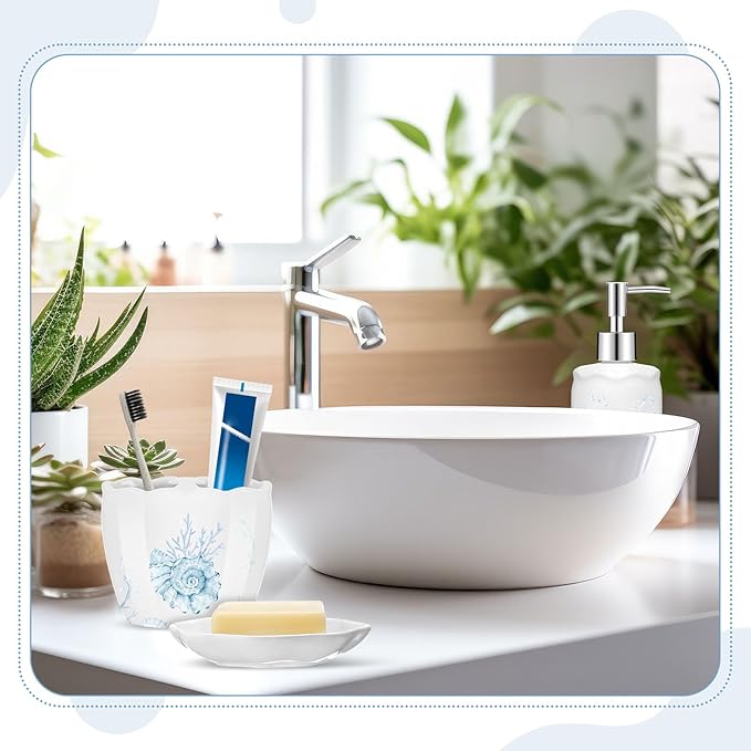 Vesici 4 Pcs Beach Bathroom Accessories, Ocean Animals Bathroom Decor, Under The Sea Tumbler, Soap Dispenser, Toothbrush Holder, Starfish Soap Dish for Ocean Beach Theme Decoration