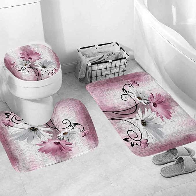 Onalasyc 4PCS Pink Daisy Flowers Butterfly Shower Curtain Set with Shower Curtain and Carpet and Accessories, Waterproof Bathroom Shower Curtain Decorative Set with 12 pcs Hooks,71 x 71in