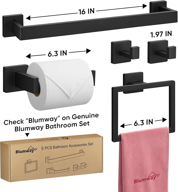BlumWay 5-Pieces Matte Black Bathroom Accessories Set, 16 Inch Bathroom Hardware Set, SUS304 Stainless Steel Bath Towel Bar, Toilet Paper Holder,Towel Racks for Bathroom Wall Mounted