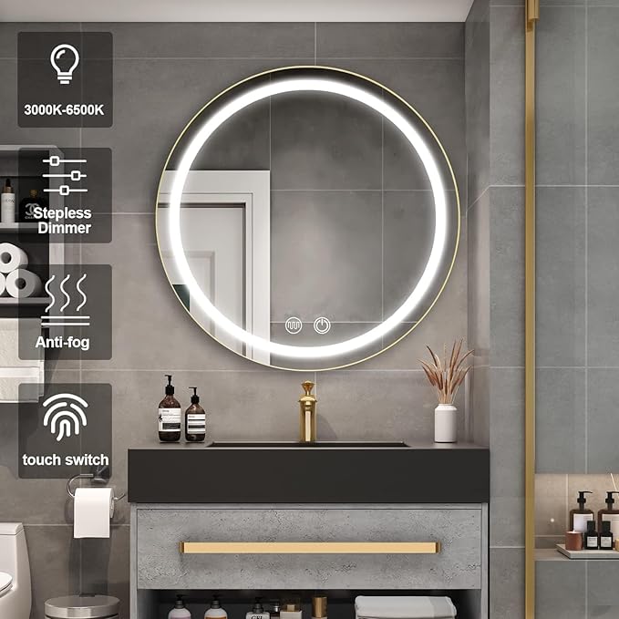 30 inch Round Medicine Cabinet with Lights,Led Medicine Cabinet with Defogger,Illuminated Mirror Cabinet for Bathroom,Dimmable,Defogger,3 Color Temperature 3000k-6500k Black