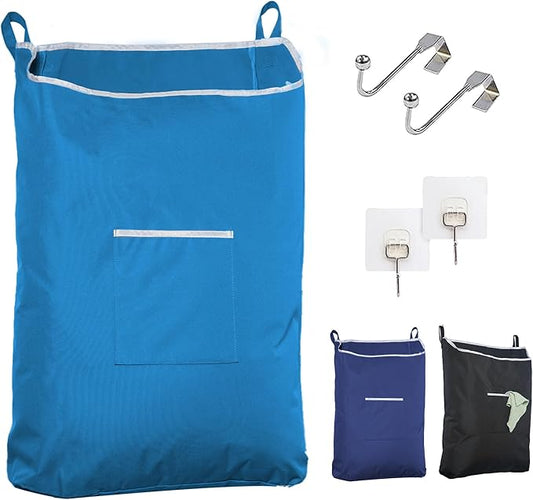 The Fine Living Co. X-Large Hanging Laundry Hamper with Over Door Hooks & Adhesive, Durable Space Saving Laundry Bag with Zipper and Wide Open Top, Hanging Dorm Laundry Hamper 20"x3.75"x31" (Blue-XL)