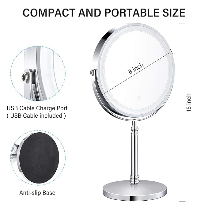 8" Lighted Makeup Mirror, 10X Makeup Mirror with Lights, Double Sided Dimmable Magnifying Mirror with Light, Rechargeable and Brightness Adjustable, Cordless Vanity Mirror with Lights