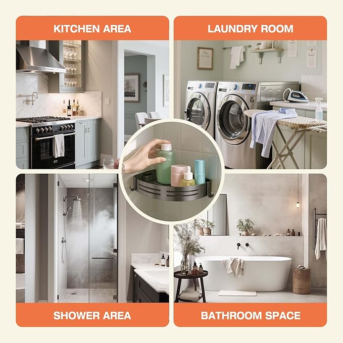 Lekesky Corner Shower Caddy Suction Cup, Corner Shower Shelf with Hooks, Bathroom Shelves No Drilling, Bathroom Organiser for Bathrooms Storage (Aluminum, 2-Pack, Gunmetal Grey)