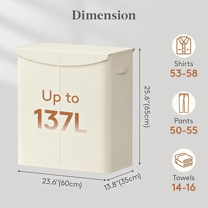 lifewit 137L Dual Laundry Hamper with Lid, 2 Compartments Tall Clothes Hamper with Easy Carry Bag and Handles, Foldable Laundry Bin for Dirty Clothes in Bathroom Bedroom, White
