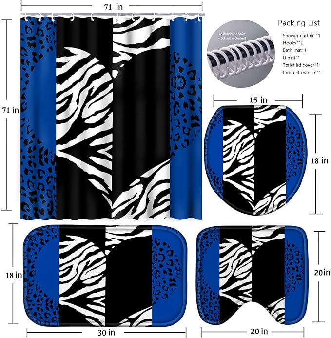Poedist 4 Pcs Bathroom Shower Curtain Set,Blue Leopard Print Shower Curtain Bright Style Shower Curtain Sets with Rugs(Bath Mat,U Shape and Toilet Lid Cover Mat) and 12 Hooks