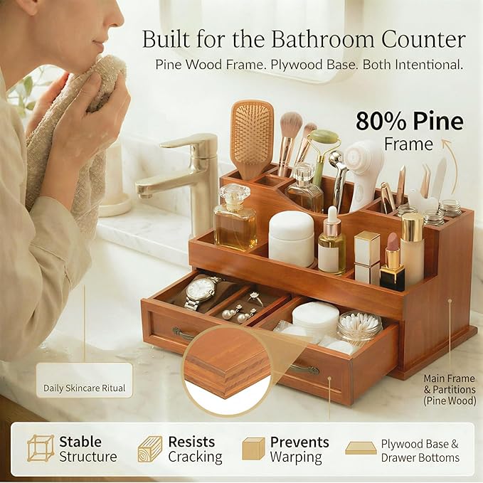 Rustic Wood Makeup Organizer with 2 Drawers, Vintage Tabletop Storage Box for Perfume, Skincare and Beauty Supplies, Thick Wood Design for Office, Bathroom, or Countertop