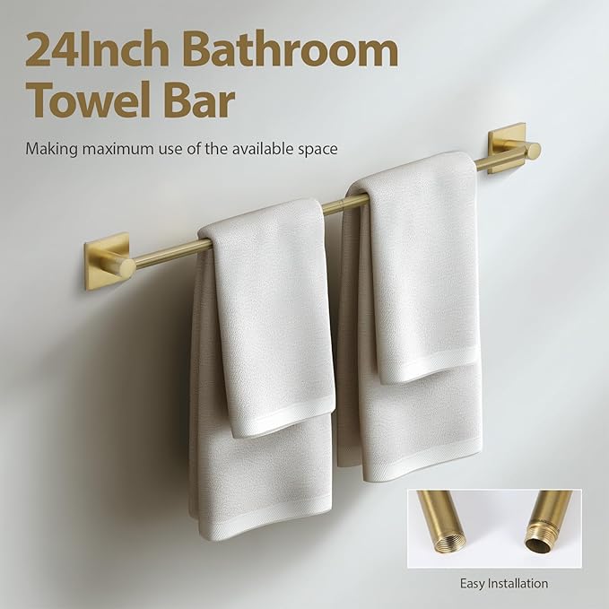 Bathroom Accessories Set Brushed Gold Towel bar Set, 4 piece Towel Rack Set Towel bar for Bathroom wall Mounted Durable 24 inch Towel bar Robe Hook Towel Ring Toilet Paper Holder