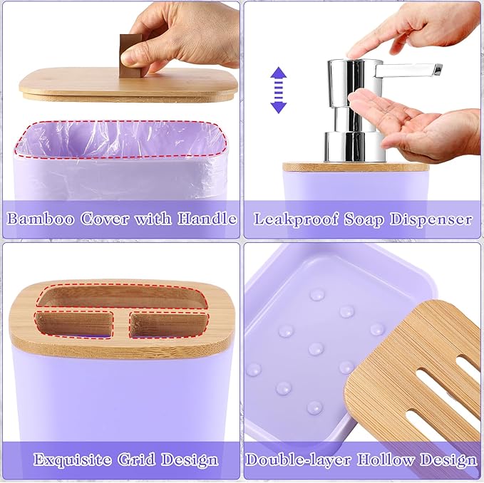 XLHOMO Purple Bathroom Accessories, Bathroom Accessories Set with Trash Can, Soap Dispenser, Toothbrush Holder, Toothbrush Cup, Soap Dish, Toilet Brush, Tray and Q-tip Holders for Housewarming