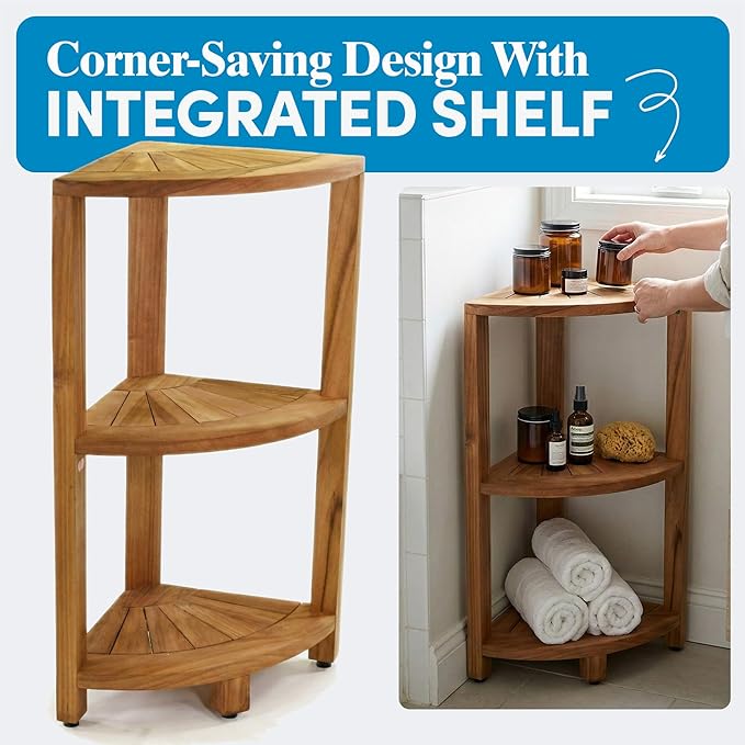 AquaTeak 12" Kai-Petite Teak Corner Shelf Stand - Shower Stand with 3 Tier Shelf for Bathroom - Durable Water Resistant Shower Organizer - Space-Saving Storage Shelves with Anti-Slip Feet