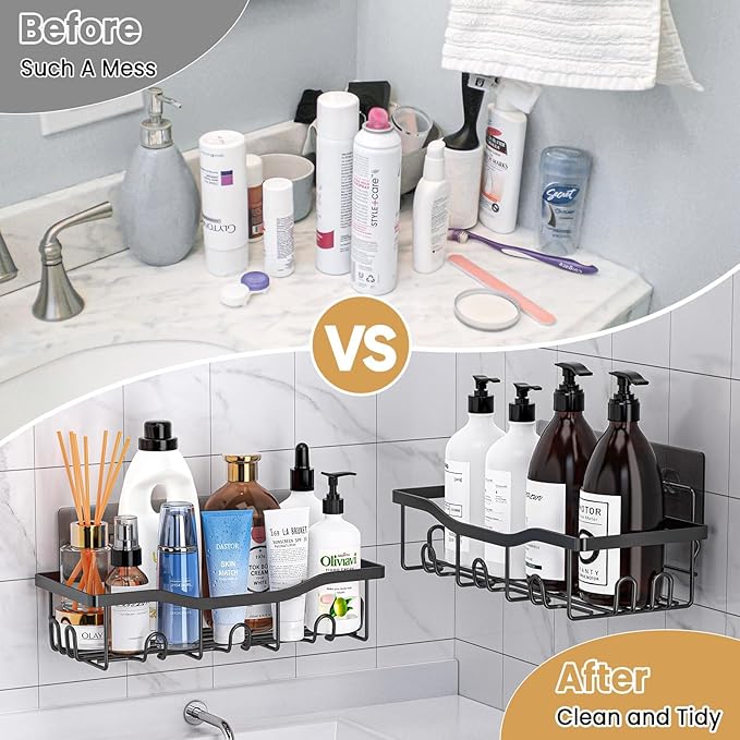 Rustproof Stainless Steel Shower Caddy 5 Pack, Bathroom Storage Accessory Shelf Organiser No Drilling Hanging, Soap Toothbrush Holder Set, Kitchen Wall Mounted Corner Decor, Matte Black
