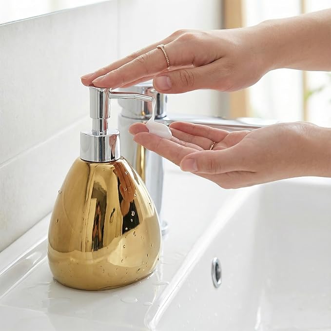 MyGift 4 Pcs Gold Bathroom Accessories Set with Toothbrush Holder, Soap Dispenser, Tumbler and Soap Dish, Bathroom Organizer Accessory for Modern Home Decor, Complete Ceramic