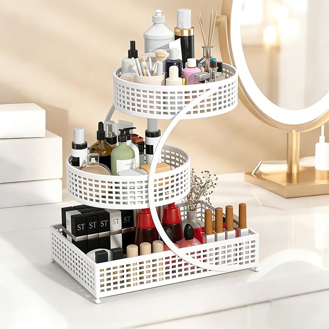 Makeup Organizer Countertop for Vanity, 3 Tier Metal Bathroom Countertop Organizers Skincare Storage Holder Perfume Cosmetic Display, Multi-Use Storage Rack for Bedroom & Kitchen (White(Round))