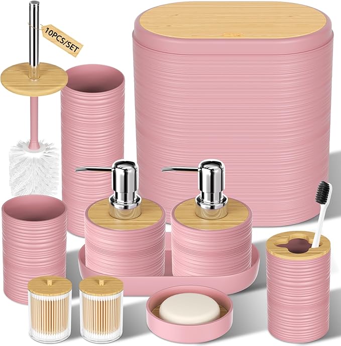 XLHOMO Pink Bathroom Set - 10PC Bathroom Accessories Set, Luxury Bathroom Accessory Set with Trash Can,Toilet Brush & 2 PC Soap Dispensers for Apartment Decor and Housewarming