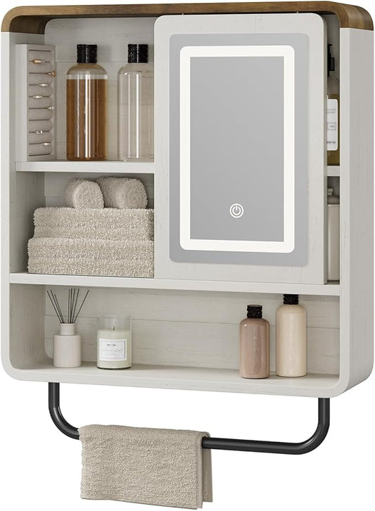 QUW Modern Bathroom Wall Cabinet, Medicine Cabinets with Mirror, Over The Toilet Storage Cabinet for Bathroom, Towel Bar, Sliding Door, 3 Lighting Modes, Adjustable Brightness, Antique White