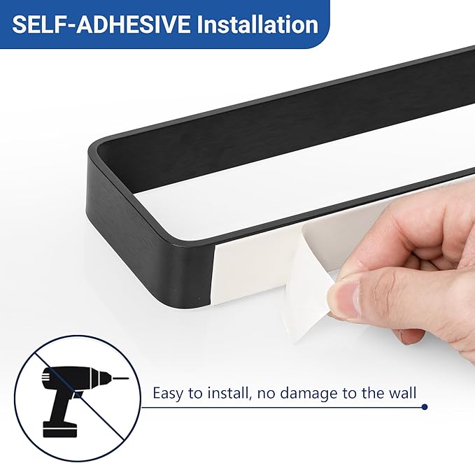 SAYAYO Matte Black Hand Towel Holder for Bathroom Wall, 8 Inch Self Adhesive Towel Bar Hand Towel Rack Square Heavy Duty