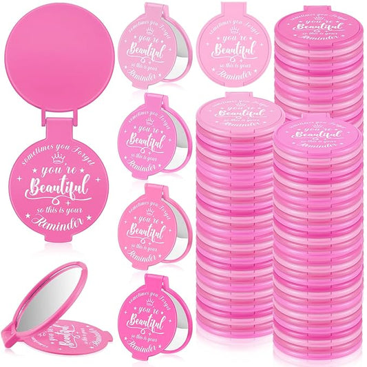 100 Pcs 2.76 Inch Inspirational Compact Mirror Bulk Women Small Gifts Graduation Party Favors Purse Mirror Pocket Mini Stuffer Items for Adult Coworker Cheerleader Employee (Pink Series)