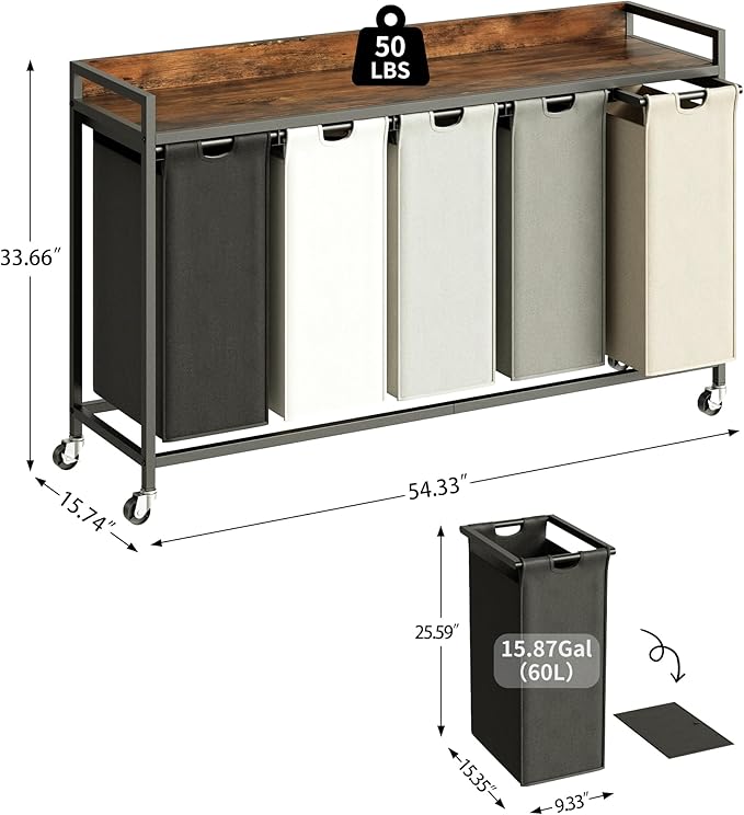 Herture Laundry Hamper with Shelf, Laundry Basket 5 Section, Laundry Sorter with Pull-Out Removable Large 5 Color Bags and Movable Wheels, Metal Frame, 5 x 15.87 Gallons (60L), Rustic Brown PF08XLN