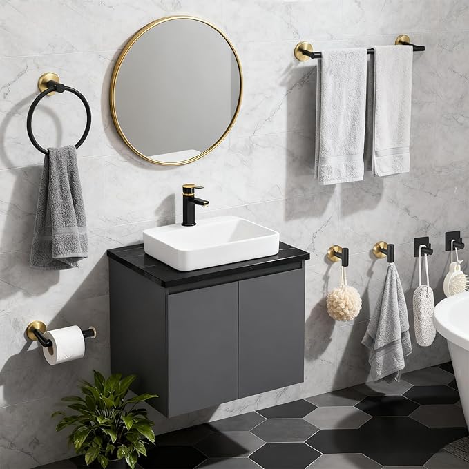 7 Pcs Bathroom Hardware Accessory Set, Stainless Steel Towel Racks for Bathroom, Black and Gold Bathroom Accessories，Modern Luxury Bathroom Towel Holder & Toilet Paper Holder
