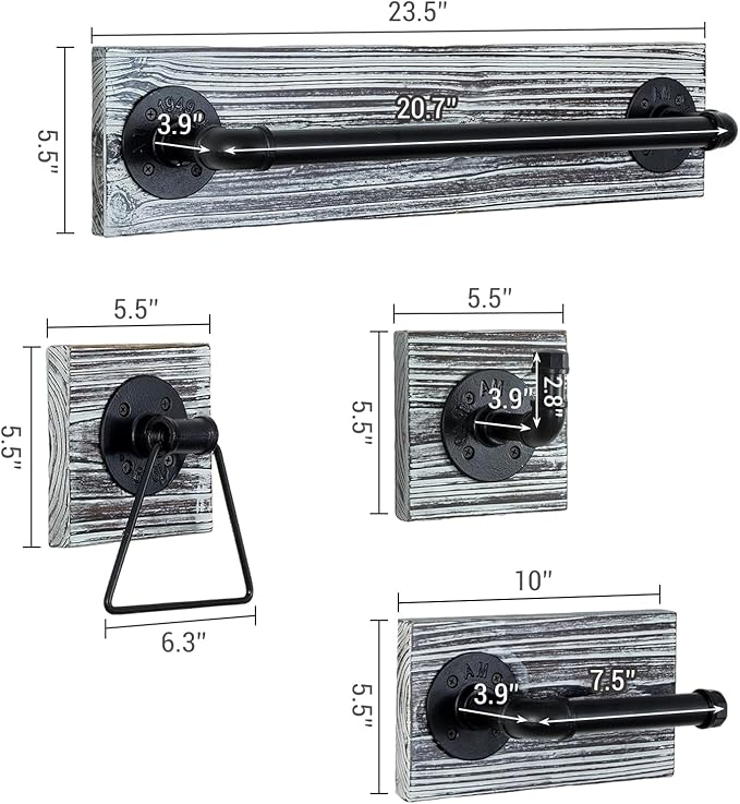 MyGift 4 Piece Wall Mounted Bathroom Hardware Set, Rustic Torched Wood and Industrial Matte Black Metal Pipe Towel Ring, Robe Hook, Toilet Paper Holder and Towel Bar