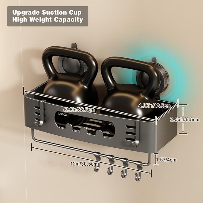 Voldra Shower Caddy Suction Cup, Shower Shelves for Inside Shower No Drilling, Aluminum Suction Showers Organizer for Wall with Towel Bar & Hooks Removable Bathroom Storage Rack(1 Pack-Gray)