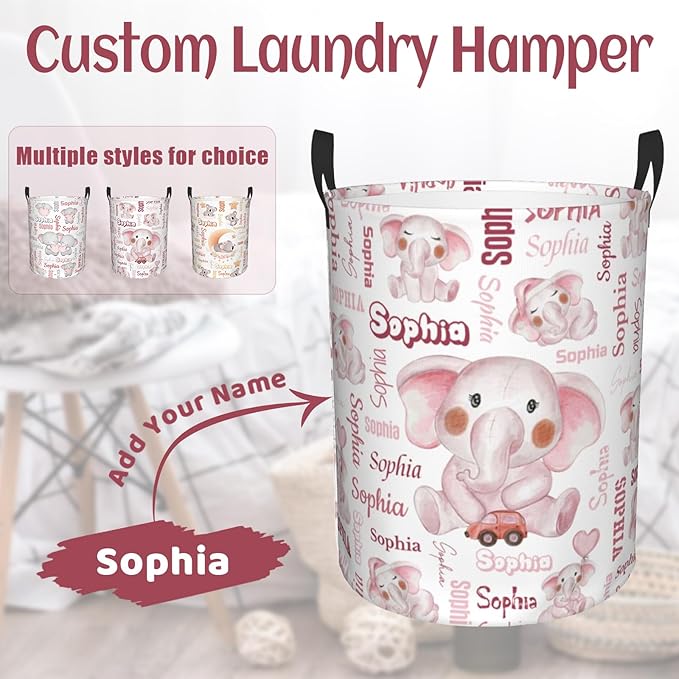 Customizable cute Laundry Hampers, Custom name Laundry Hamper, Personalized Elephant laundry basket, Customized Elephant Hamper with name for Living Room Bedroom Bathroom Barbershop