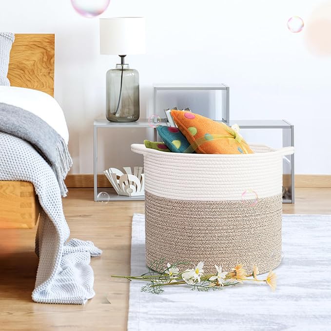 Laundry Hamper,Blanket Basket in Living Room Decor,Pure Cotton Rope Woven Basket for Dirty Clothes,Storage Basket for Nursery Bin,Baby Toy Storage,15.5 * 13.5 inches-40L White & Brown Mixed